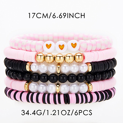 6Pcs Heart Pattern Polymer Clay & Plastic Pearl & CCB Plastic Beaded Stretch Bracelet Set for Women FS-WG634BB-09-1