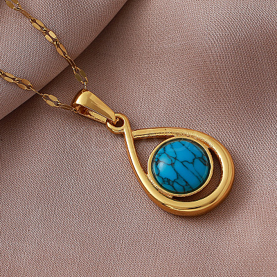 Vintage 304 Stainless Steel & Dyed Synthetic Turquoise Teardrop Pendant Necklaces for Women IA9439-1