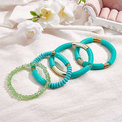 4Pcs 4 Style Acrylic Chunky Curved Tube Stretch Bracelet Sets BJEW-SW00074-07-1