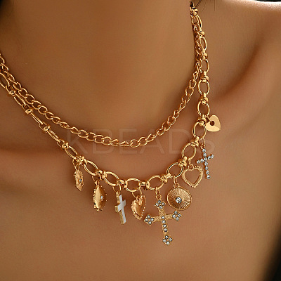 Alloy Crystal Rhinestone and Enamel Cross Heart Multi-Charm Double Layer Necklaces for Women WGEBEB6-01-1