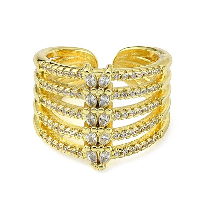 Brass with Cubic Zirconia Open Cuff Ring RJEW-B051-05G-1