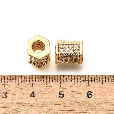Rack Plating Hexagon Brass Micro Pave Clear Cubic Zirconia European Beads KK-Q040-10G-1