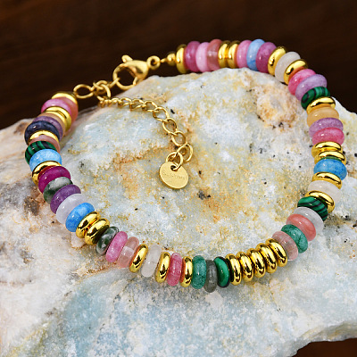 Synthetic Cherry Quartz &  Natural Amethyst & Synthetic Malachite Rondelle Beaded Bracelets FS-WGEAC01-01-1