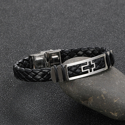 Hollow Corss Link Bracelet with Leather Cords PW-WG26645-01-1