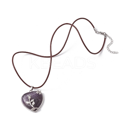 Natural Amethyst Heart Pendant Necklace with Cowhide Leather Cords NJEW-JN04598-01-1