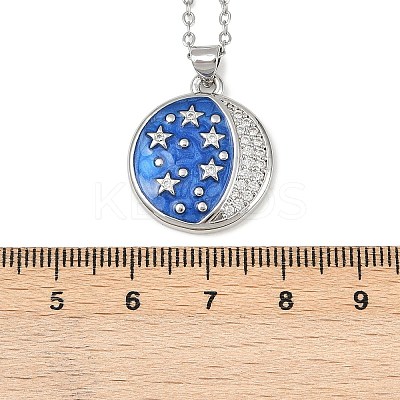 Brass Micro Pave Clear Cubic Zirconia with Blue Enamel Flat Round Pendant Necklaces LS-NJEW-Z088-03P-02-1