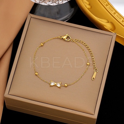 304 Stainless Steel Pave Clear Cubic Zirconia Bowknot Link Bracelets for Women LS-BJEW-G759-10G-1