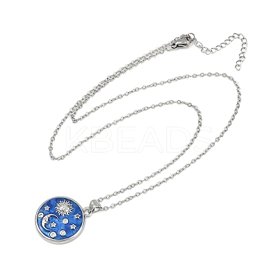 Brass Micro Pave Clear Cubic Zirconia with Blue Enamel Flat Round Pendant Necklaces NJEW-Z088-03P-01-1