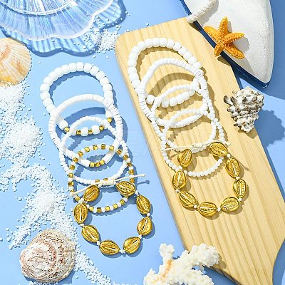 10Pcs 10 Styles Handmade Polymer Clay & Glass Seed Beaded Stretch Bracelet Sets BJEW-SW001581-1