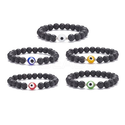 Natural Lava Rock Round Beaded Stretch Bracelet with Evil Eye Lampwork BJEW-JB07838-1