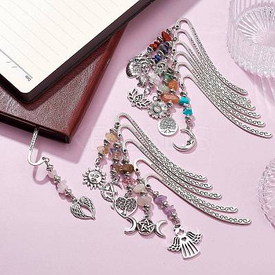 12Pcs Gemstone Chip Beaded Pendant Bookmarks with Alloy Mixed Shapes Charms GG-CJ91EC-AS-1
