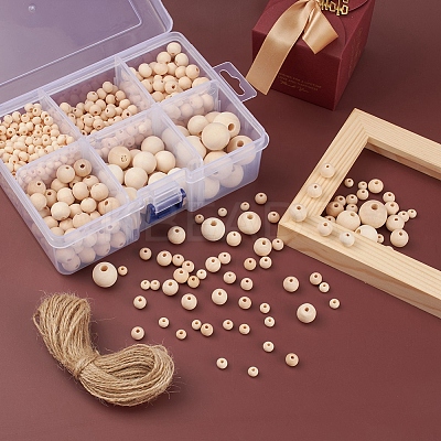 6 Style Natural Round Wood Beads and Jute Cords WOOD-YW0001-02-1