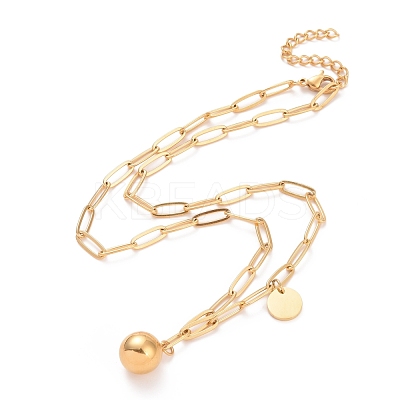 304 Stainless Steel Round Ball & Flat Round Pendant Necklace for Women NJEW-G018-12G-1