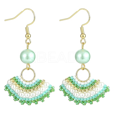 Glass Beaded Fan with Imitation Pearl Dangle Earrings EJEW-MZ00066-1