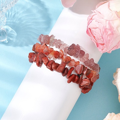3Pcs Natural Rhodonite & Natural Red Jasper & Natural Strawberry Quartz Chip Beaded Stretch Bracelet Sets BJEW-JB10866-1