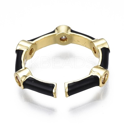 Clear Cubic Zirconia Bamboo Shape Open Cuff Ring with Enamel for Women RJEW-N035-101-1