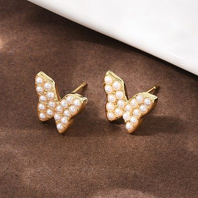 Brass ABS Plastic Pearl Butterfly Stud Earrings EJEW-L275-10G-1