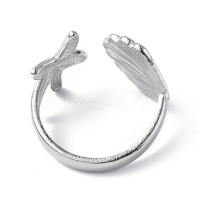 304 Stainless Steel Shell with Starfish Open Cuff Ring for Women RJEW-C046-03P-1