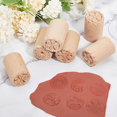 6Pcs 6 Styles Flower Pattern Round Wooden Traditional Chinese Moon Cake Molds AJEW-CA0004-25-1