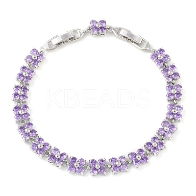 Noble Gift Ideas for Lady Platinum Tone Brass Micro Pave Cubic Zirconia CZ Flower Link Chain Bracelets BJEW-L472-05-1-1