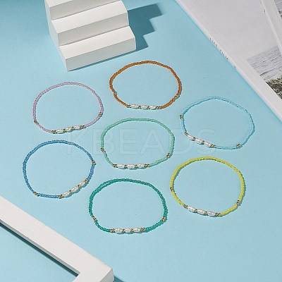 7Pcs 7 Colors Natural Pearl & Glass Seed & Brass Beaded Stretch Anklets Set for Women AJEW-AN00529-1