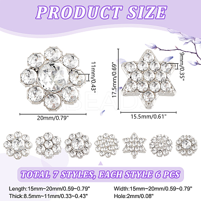 42Pcs 7 Styles 1-Hole Alloy Rhinestone Shank Button ALRI-GA0001-10-1