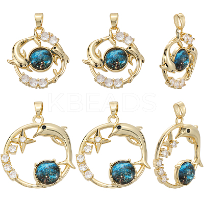 6Pcs 2 Styles Brass Micro Pave Clear Cubic Zirconia with Glass Pendants KK-BBC0019-04-1