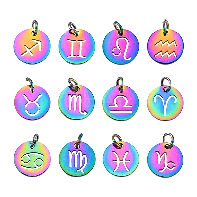 12Pcs 12 Style Rainbow Color Ion Plating(IP) 201 Stainless Steel Charms STAS-YW0001-32-1
