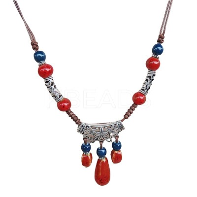 Bohemian Bohemian Alloy with Porcelain Teardrop Bead Tassel Pendant Adjustable Necklaces FS-WG3E161-01-1