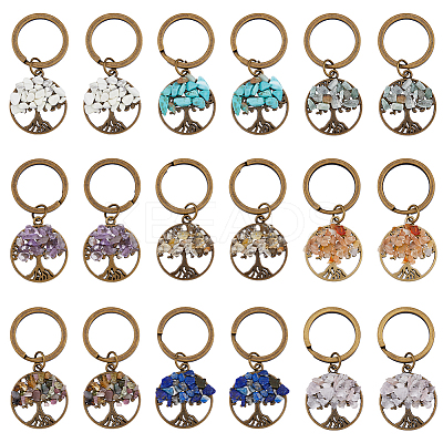 Gemstone Chip Flat Round with Tree of Life Pendant Keychain KEYC-AB00027-1