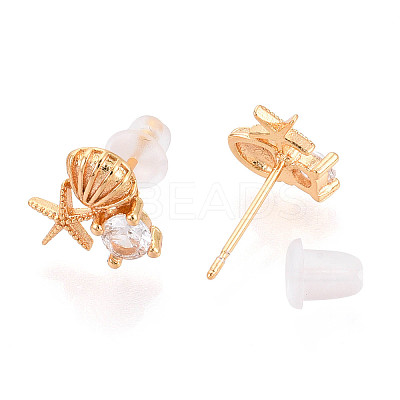 Shell Shape & Starfish Brass Micro Pave Clear Cubic Zirconia Stud Earrings EJEW-T047-35G-1