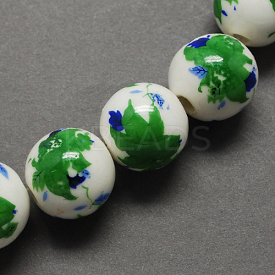 Floral Printed Porcelain Beads PORC-Q199-10mm-18-1