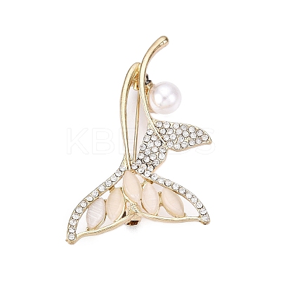 Alloy Crystal Rhinestone & Glass Whale Tail Brooch Pins with ABS Pearl for Clothes Backpack JEWB-T005-04KCG-1