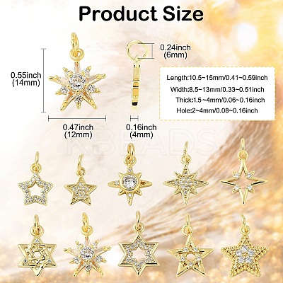 10Pcs 10 Styles Star Brass Micro Pave Clear Cubic Zirconia Charms KK-CJ0002-43-1