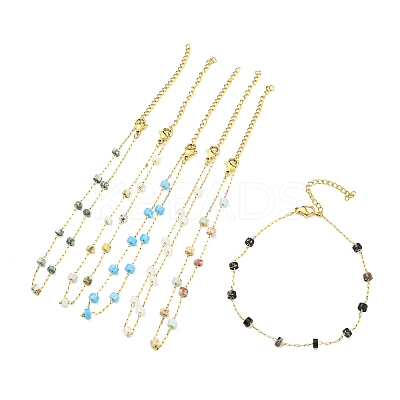 Natural Mixed Gemstone Column Beaded Anklet with PVD Vacuum Plating Golden 304 Stainless Steel Chains for Women AJEW-Z008-03-1