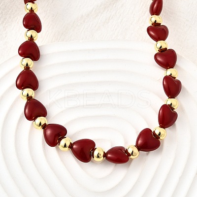 Brass & ABS Imitation Pearl Heart and Round Beaded Necklaces for Women NJEW-D314-11C-G-1