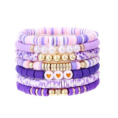 7Pcs Heart Pattern Polymer Clay & Plastic Pearl & CCB Plastic Beaded Stretch Bracelet Set for Women FS-WG634BB-01-1