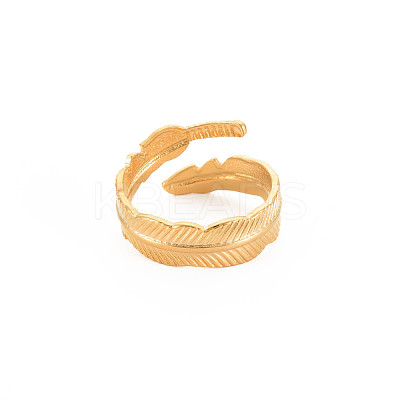 Ion Plating(IP) 304 Stainless Steel Leaf Open Cuff Ring for Women RJEW-S405-196G-1