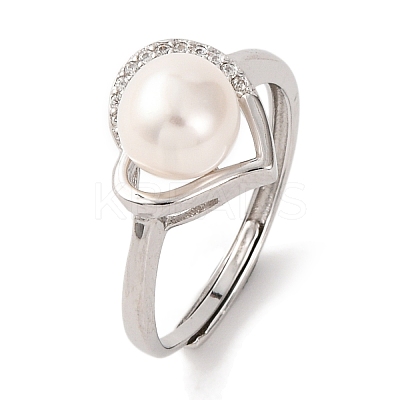 Heart Plated 925 Sterling Silver Clear Cubic Zirconia Adjustable Rings RJEW-C110-05P-1