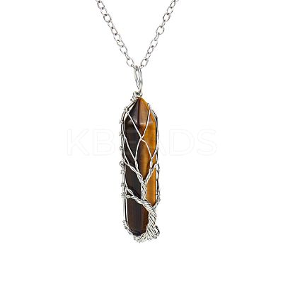 Natural Tiger Eye Double Terminal Pointed Faceted Bullet Copper Wire Wrapped Tree of Life Pendant Alloy Chain Necklaces FS-WG07FDC-06-1