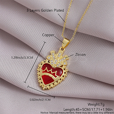 Brass Micro Pave Clear Cubic Zirconia and Red Resin Scared Heart Pendant Necklaces for Women FS-WG476F5-18-1