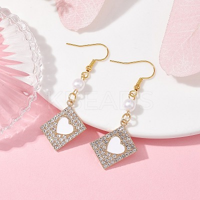 Alloy Crystal Rhinestone Rectangle with Heart Dangle Earrings EJEW-JE05491-01-1