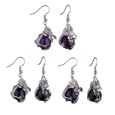 Natural Amethyst Dragon Dangle Earrings EJEW-A092-06P-01-1