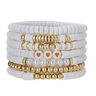 7Pcs Heart Pattern Polymer Clay & Plastic Pearl & CCB Plastic Beaded Stretch Bracelet Set for Women FS-WG634BB-15-1