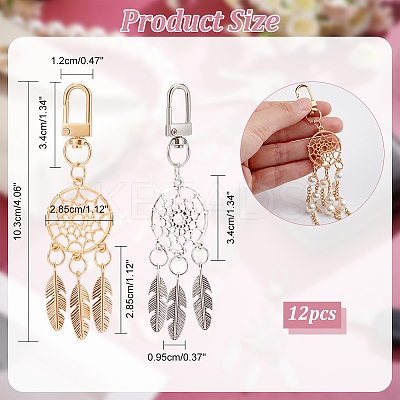 12Pcs 2 Colors Alloy Woven Web/Net with Feather Pendant Decoration HJEW-NB0001-71-1