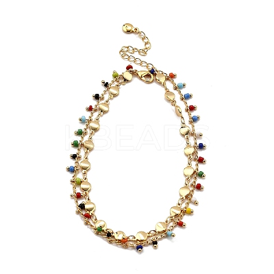 Bohemian Brass & Colorful Glass Seed Beads Double Layer Anklets LS-AJEW-Z046-04G-1
