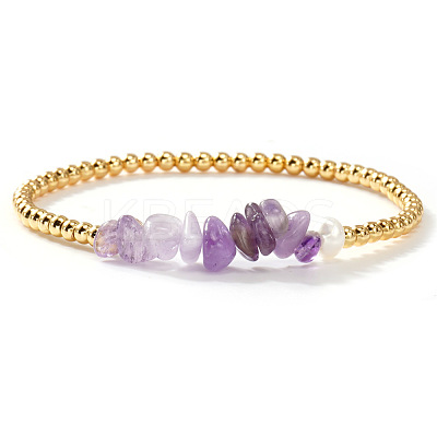 Brass & Natural Amethyst Chip Beads Stretch Bracelets for Women DR0558-4-1