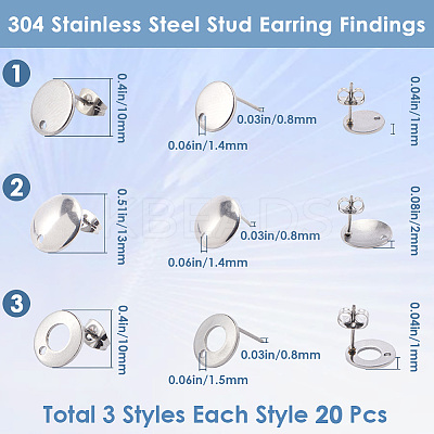 60Pcs 3 Style 304 Stainless Steel Stud Earring Findings STAS-SP0001-57-1