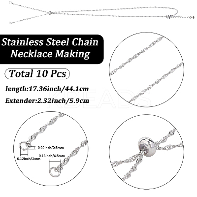 10Pcs 2MM 304 Stainless Steel Singapore Chain Necklace Making AJEW-SC0004-02-1