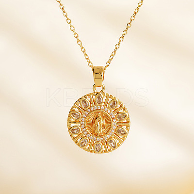 Vintage Brass Pave Cubic Zirconia Hollow Round Religion Virgin Mary Pendant Necklaces for Women EZ3168-1-1